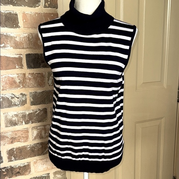 Cable & Gauge Navy White Nautical Stripe Sleeveless Turtleneck Sweater Knit Sz L - Picture 11 of 15